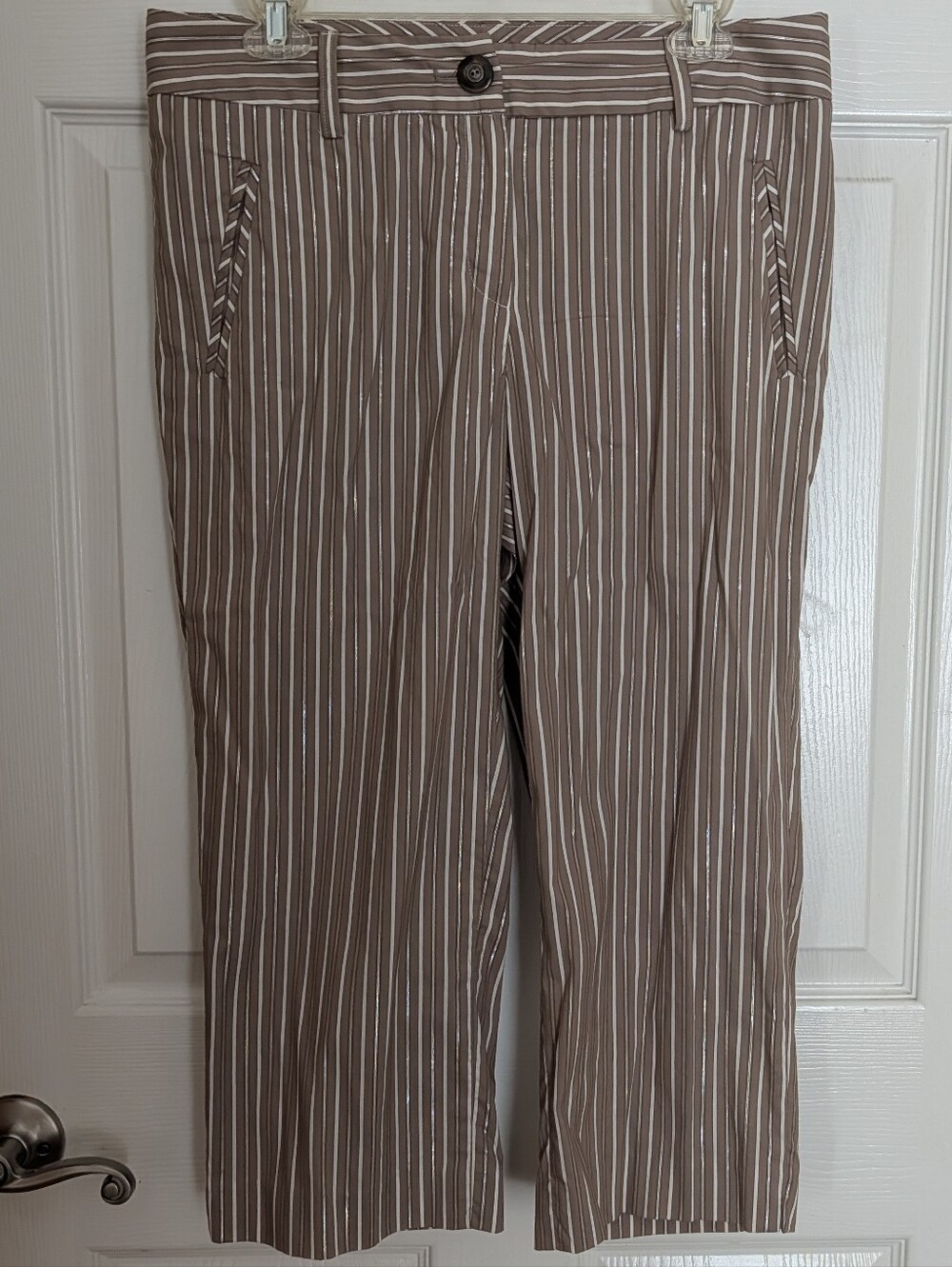 Willi Smith Taupe and White Striped Trousers with Metallic Detail